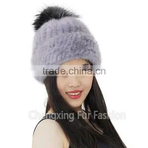 CX-C-239G Women Fashion Fox Fur Pom Pom Winter Knitted Mink Fur Hat And Cap thumbnail-1