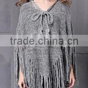 2017 Ladies Stylish Custom Made Tassels Hem Pullover Sweater Poncho With Best Quality thumbnail-2