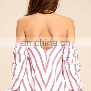 Custom Off the Shoulder Striped Crop Top For Women thumbnail-5