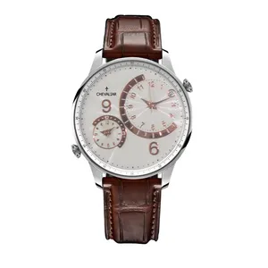 Stainless Steel Case Man Watches Genuine Leather Dual Time Quartz Watch thumbnail-5