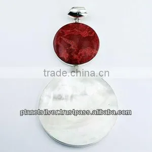 Red Sponge Coral Mother Of Pearl Stacked Sterling Silver Pendant thumbnail-1