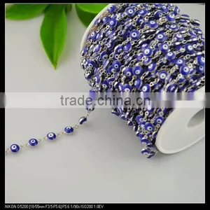 LFD-0022C ~ Wholesale 6MM Rosary Style Chains in Deep Blue Color - Evil Beaded Wire Wrapped Beaded Chain Jewelry Making thumbnail-1