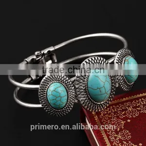 New Hot Vintage Style Tibetan Silver Round Turquoise Bracelet Alloy Bangle Jewelry thumbnail-3
