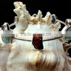 Rough Garnet and Aquamarine Gemstones 925 Sterling Silver Bangle thumbnail-1