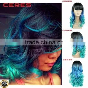 Galaxy Hair Black Blue Gree Three Tones Ombre Synthetic Wig 17inch Heat Resistant Fiber Colorful Celebrity Cosplay Wig thumbnail-1