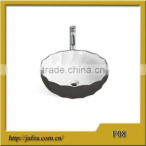F08 Popular Ceramic Black Basin, Wave Edge Basin, Round Shape Bowl Colored Basin White Inside and Black Outside Wash Basin thumbnail-1