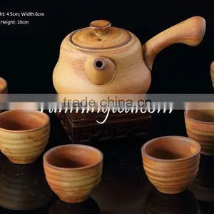 Handmade Crude Ceramic Tea Set Including One Long Handle Tea Pot& 6 Brown Tea Cups In Package Gift Box thumbnail-1