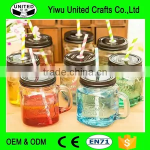 2016 Hot Sales Pump Lid 500ml Colorful Glass Mason Jar With Handles Wholesale thumbnail-1