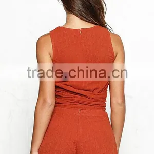 Cotton & Linen Fashionable High Low Crop Tops And Shorts Women Two Piece Sets thumbnail-5