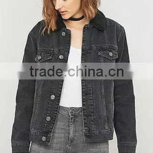 2017 New Design Sample Wholesale China Guangzhou Denim Facotry Winter Jean Women Long Sleeves Hooded Bomber Jacket for Ladies thumbnail-1