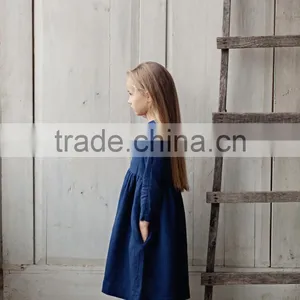 Linen Long Sleeved Girls Dress Midi Girl Dress Navy Blue Dress Hot Sale thumbnail-2