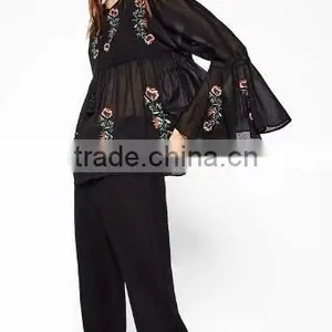 Runwaylover EY2375B 2017 Fashion Women Flare Sleeve Chiffon Embroidery Blouse thumbnail-1