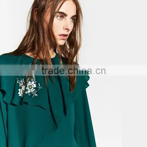 Emboridered Bottle Green Long Sleeve Chiffon Women Loose Shirts thumbnail-4