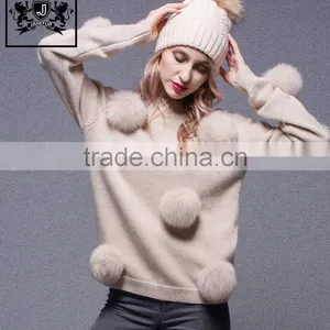 High Quality Fox Fur Pom Pom Decorated Woollen Sweater for Ladies thumbnail-4