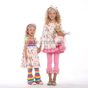 Wholesale Girls Ruffle Sleeve Raglan Fashion Printed Icing Ruffle Raglan Shirt and Pants Girls Clothes Set thumbnail-3
