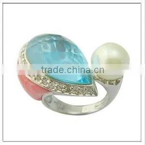 2014 Fashion Pearl and Glass Plating Rhodium Silver Ring thumbnail-1