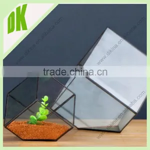 //Materials: Glass, Solder, Patina, Copper Tape//Glass Geometric Large Hexahedron Planter thumbnail-1