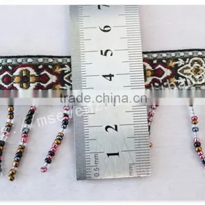 Newest Design 5 cm Width Ethnic Embroidery Nylon Webbing With Beaded Fringe thumbnail-2