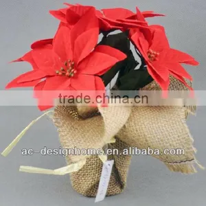 RED ARTIFICIAL VELVET POINSETTIA FLOWER BUSH X 4 W/4 PCS POINSETTIA FLOWER HEAD ON BURLAP PLANTER thumbnail-1