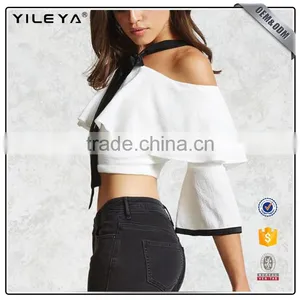 Flare Sleeve High Waist Crop Top off Shoulder Self-tie Front Tops thumbnail-2