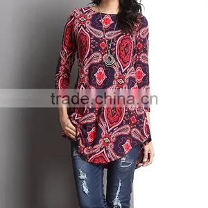 New Year Women Tops With Red Paisley Elbow Patch Split-Hem Tunic Women Outwear Women Clothing GD90426-46 thumbnail-1