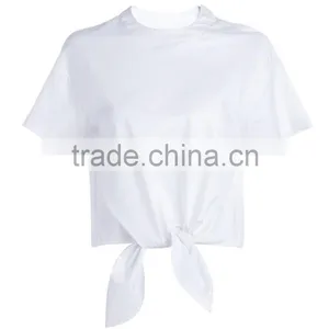 Ladies White Shoulder Snap Button Short Sleeve Woven t Shirt With Front Bow thumbnail-2