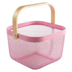 Simple Nordic Style Vegetable Fruit Condiment Caddy Basket Wooden Handle Metal Wire Storage Laundry Basket thumbnail-3