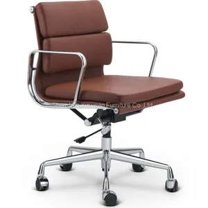 Soft Pad Chair EA 208 Eames Office Chair With Wheels 5 Castors in Genuine Leather Grey Eames Style Office Chair thumbnail-1