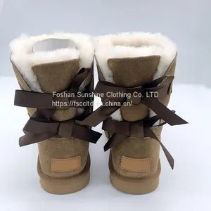 Fashion Ladies Cute Bow Design Sheepskin Baby Fur Boots Kids Ribbon Boots for Snow thumbnail-1
