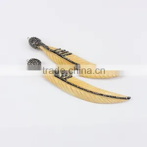 JF6903 Crystal Pave Cap Leaf Shaped OX Bone Pendant thumbnail-1