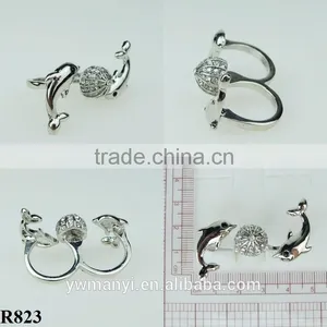 Fashion Rhinestone Ring Double Ring Dolphin Logo Plating Silver Ring R823 thumbnail-2