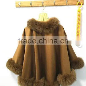 OEM Women Wholesale Hebei Camel Cashmere and Fox Fur Trim Cape thumbnail-2
