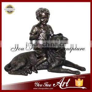 Outdoor Decor Bronze Boy Child Statues With Dog Statue thumbnail-1