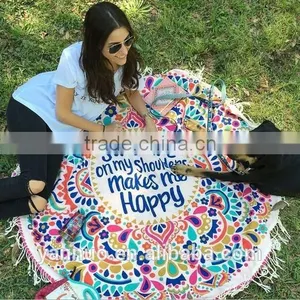 Round 100% Cotton Print Tassel Beach Towel, Beach Mat Sunscreen Shawl thumbnail-5