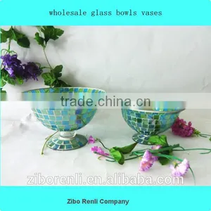 Table Decor Green Blue Mosaic Large Round Blown Vase Wholesale Glass Bowls Vases thumbnail-1