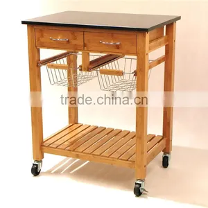 Hot Sale Bamboo Kitchen Trolley Design With Basket and Wheels thumbnail-1