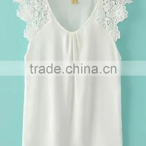 New Women Fashion Summer Lace Floral Hollow Splice Sleeveless Chiffon Blouses thumbnail-6