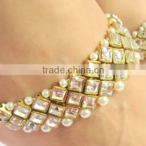 GOLD Tone Crystal PEARLS PAYAL Anklets Pair thumbnail-3