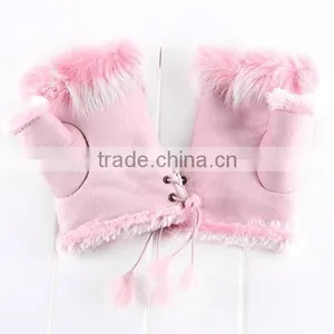 2015 New Women's Rabbit Fur Hand Wrist Fingerless Warm Winter Gloves 3379 thumbnail-1