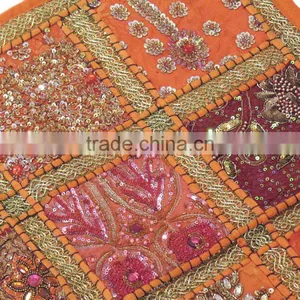 Orange Kundan Decorative Pillow Big Floor Indian Decorative Bedding Pillow 24in thumbnail-4