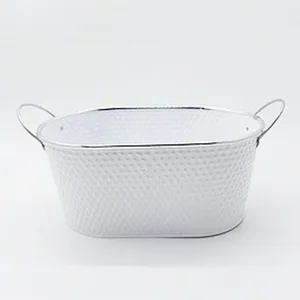 White Hammered Oval Metal Planter With Two Handles, Galvanized Iron Flower Pot For Garden Home Decor thumbnail-1