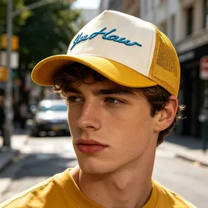 Summer Mesh Trucker Caps Unisex Custom Raised Embroidery Colorblock Adjustable Street Trucker Hats thumbnail-2