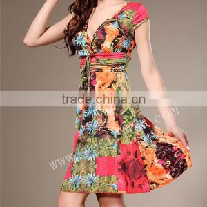 V Neck Flower Printed Fabric Patterns Lady Dress thumbnail-4