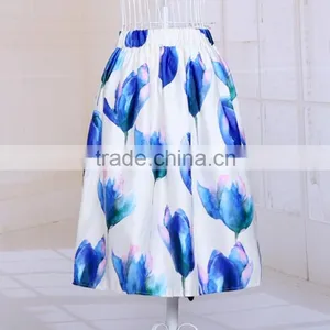 Women Fashion Retro Elegant Elastic High Waist Zipper Flower Print Pleated Midi Skirt thumbnail-1