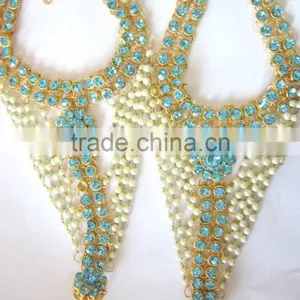 Gold Blue Crystal Pearl Anklets Toe Ring Barefoot Sandal PAYAL thumbnail-2