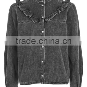 Ladies Fashion 100% Cotton Colored Blouse Frill Denim Shirts thumbnail-4
