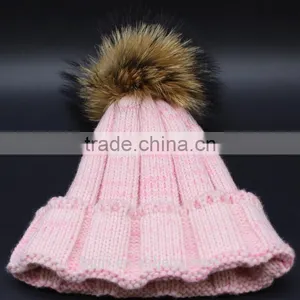 Factory Supply 2016 Thicken Woman Knited Beanie Hat With Large Size 15 cm Raccoon Fur Poms Wool Caps thumbnail-4
