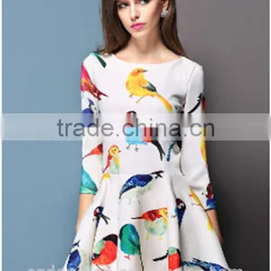 Casual 2015 Summer Style Sexy Bodycon Birds Print O Neck Pleated Party White Dress Women Vestidos Cheap Clothes China thumbnail-1