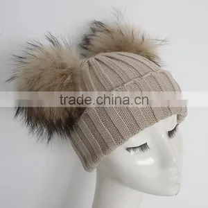 Myfur Cute Double Raccoon Fur Pom Poms Attached Ribbed Knitting Hat Wholesale thumbnail-3
