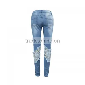 High Waist Girls Jeans Hollow Lace Patchwork Light Blue New Women Sex Pants thumbnail-6